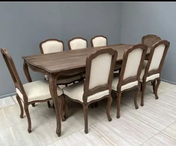 میز نهار خوری ۸نفره فرانسوی پارچه نخودی رنگ گردویی