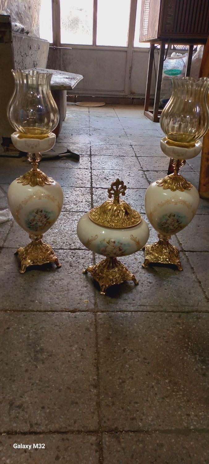 ست کامل شمعدان سرامیکی و آباژور برنجی برنز