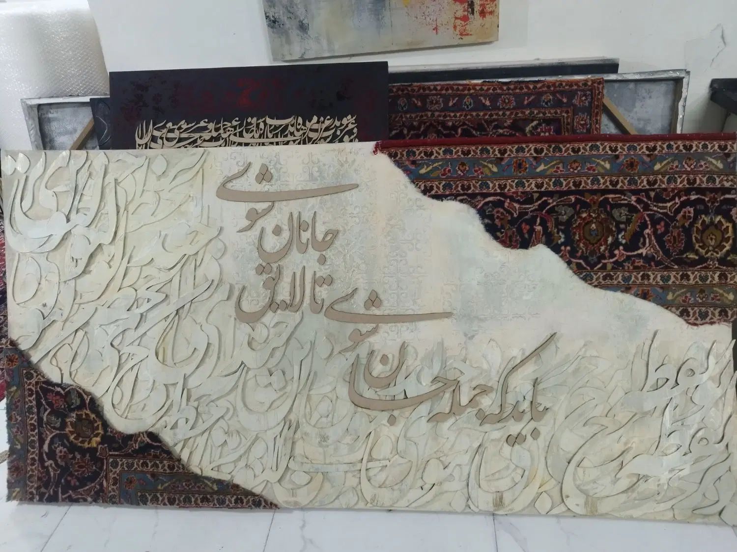 تابلوهای نقاشی خطبزرگ پتینه کرم طلایی سایز بزرگ۱۲۰